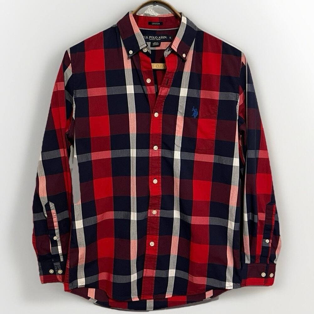 U.S. Polo Assn Men’s  Small Plaid Button Up Tunic Shirt Red Blue Long Sleeve